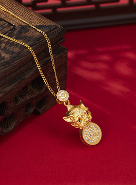 中式复古铜钱貔貅缎带项链女款