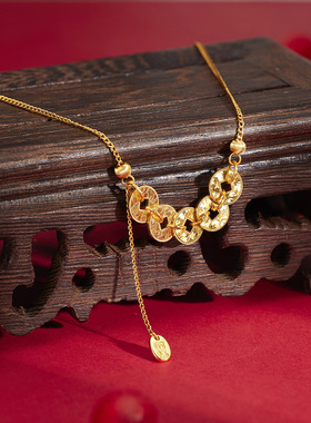 轻奢缎带五帝钱锁骨链女度假风