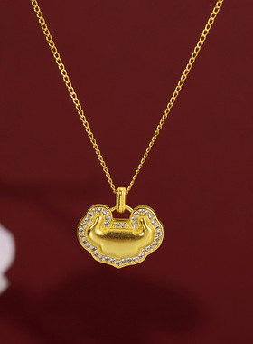 中式复古缎带麻花长命锁项链女