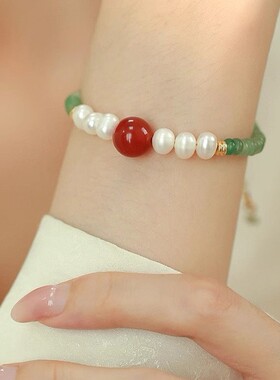 复古绿琉璃东陵玉淡水珍珠项链