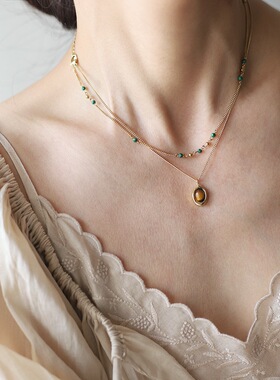 绿孔雀石人造穿珠镀18K金锁骨链