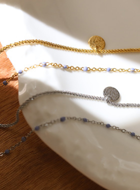 xl595  古巴做旧锡纸圆形双层项链 淡紫色豆豆链钛钢镀18k金