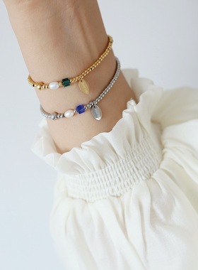 好运英文钛钢克莱因蓝水晶手链