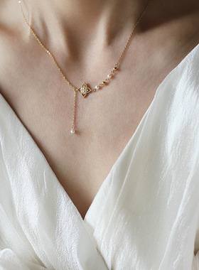 中国风珍珠钛钢项链四叶草