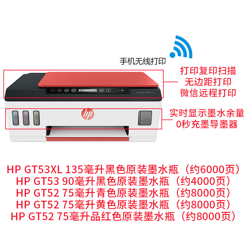 hp smart tank519打印机优惠普连供 惠普中之途喷墨多功能一体机