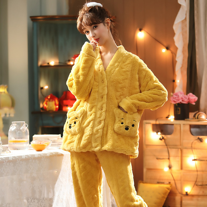 冬季珊瑚绒冬款冬天加绒可爱睡衣 橙色海芋睡衣/家居服套装