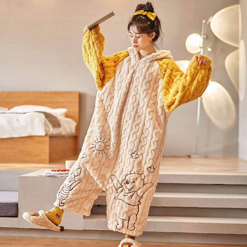 连体秋冬季珊瑚绒长袖卡通孕妇睡裙 橙色海芋睡衣/家居服套装