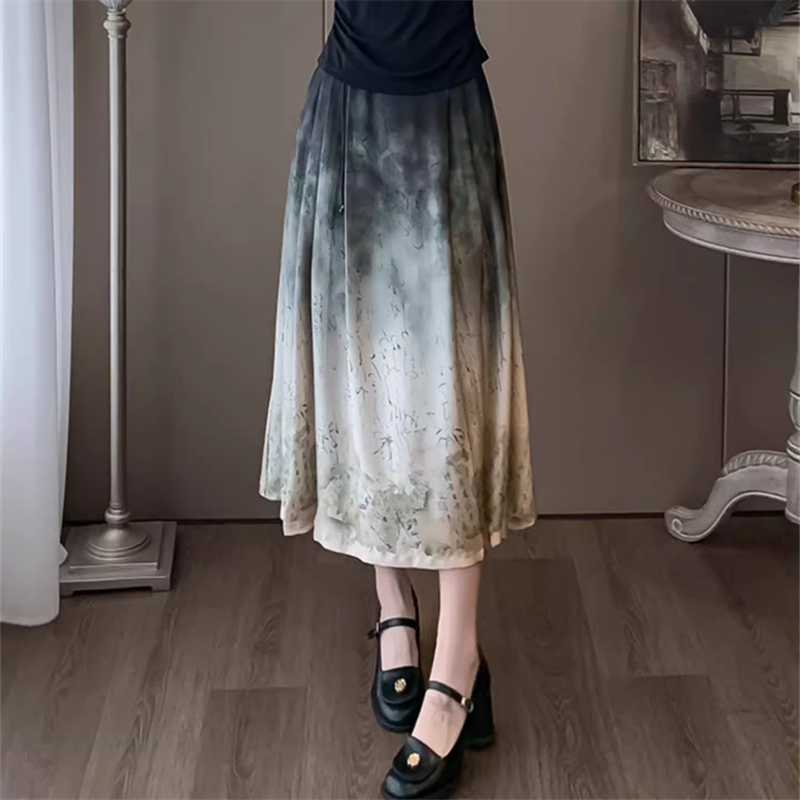 国风短袖套装女夏季新款新中式水墨画扎染马面半身裙时尚俩件套潮 - 图0