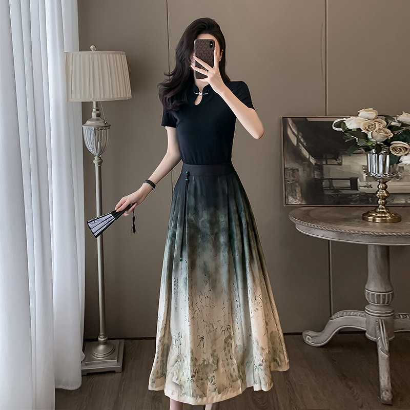 国风短袖套装女夏季新款新中式水墨画扎染马面半身裙时尚俩件套潮 - 图3