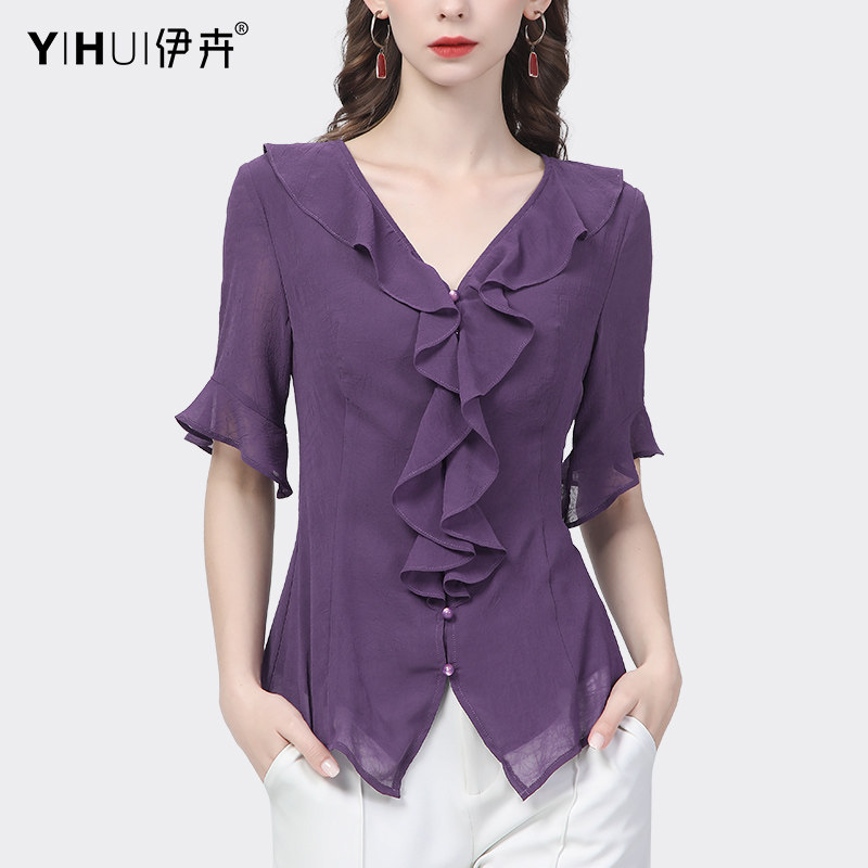 雪纺衫设计感荷叶边短袖v领衬衫 伊卉蕾丝衫/雪纺衫