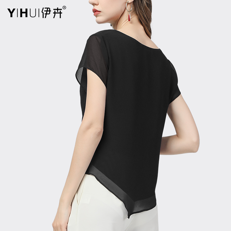 夏季新款短袖设计感v领洋气雪纺衫 伊卉蕾丝衫/雪纺衫