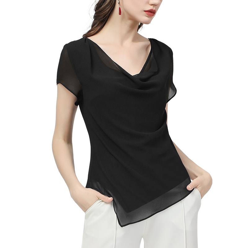 夏季新款短袖设计感v领洋气雪纺衫 伊卉蕾丝衫/雪纺衫