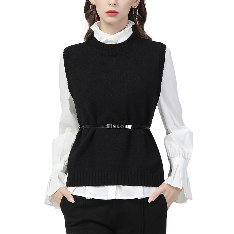 毛衣马甲女短款背心黑色高领搭配衬衫两件套装秋冬季职业白色衬衣 - 图3