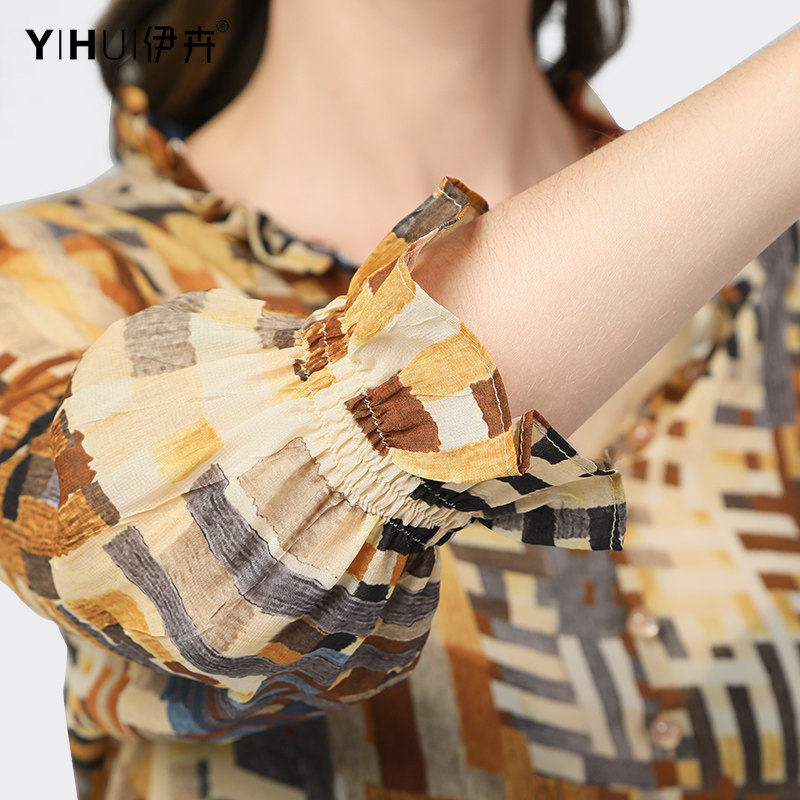 雪纺衫七分袖v领年夏季新款衬衫 伊卉蕾丝衫/雪纺衫