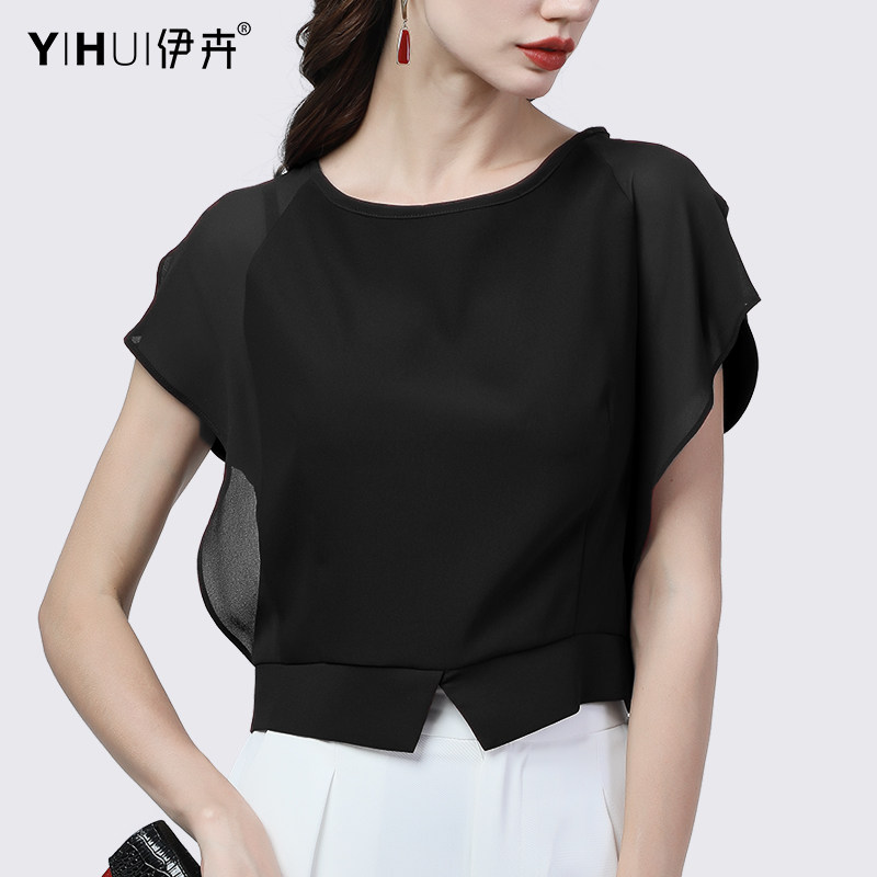 短袖气质圆领雪纺衫短款洋气t恤 伊卉蕾丝衫/雪纺衫