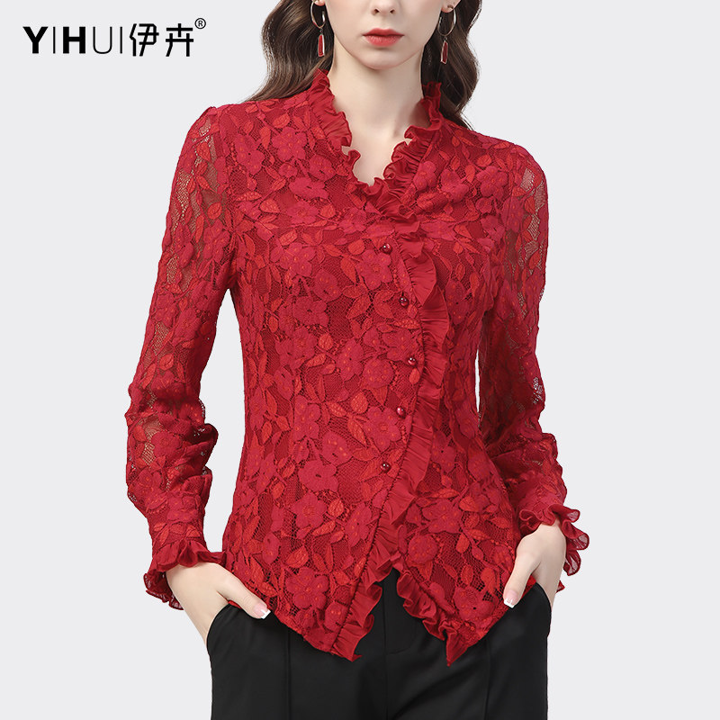 2023春装新款蕾丝衫女v领长袖衬衫 伊卉蕾丝衫/雪纺衫