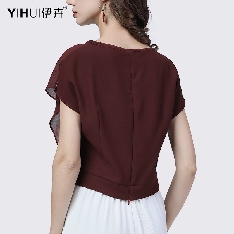 短袖气质圆领雪纺衫短款洋气t恤 伊卉蕾丝衫/雪纺衫