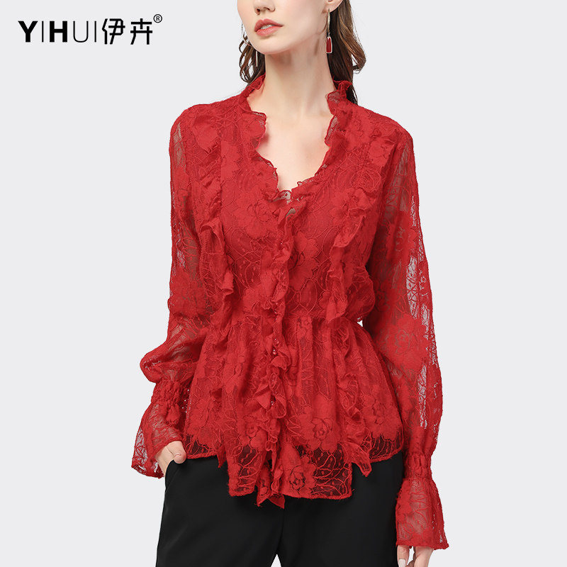 蕾丝衫女长袖设计感镂空v领衬衫 伊卉蕾丝衫/雪纺衫