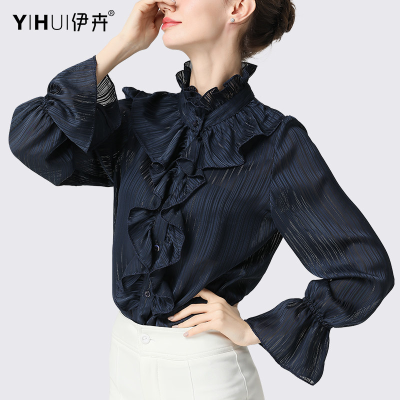 2022春装新款荷叶边立领喇叭衬衫 伊卉蕾丝衫/雪纺衫