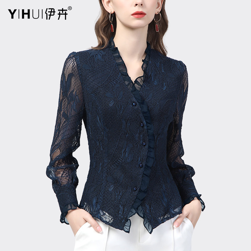 2023春装新款蕾丝衫女v领长袖衬衫 伊卉蕾丝衫/雪纺衫