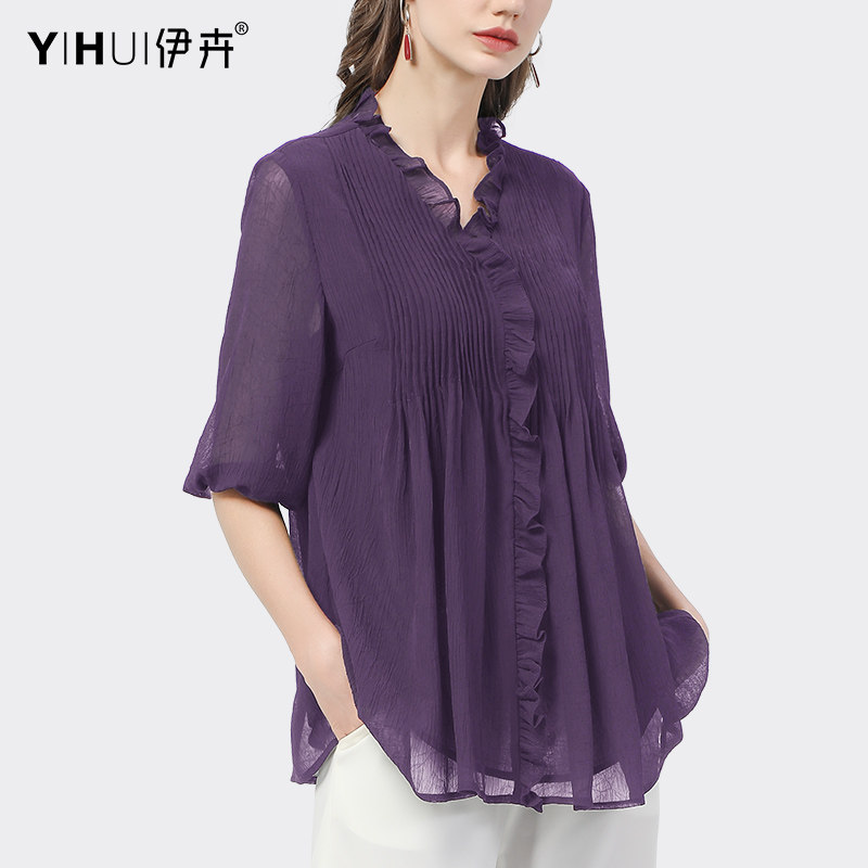 春夏2023新款短袖宽松雪纺衫衬衫 伊卉蕾丝衫/雪纺衫