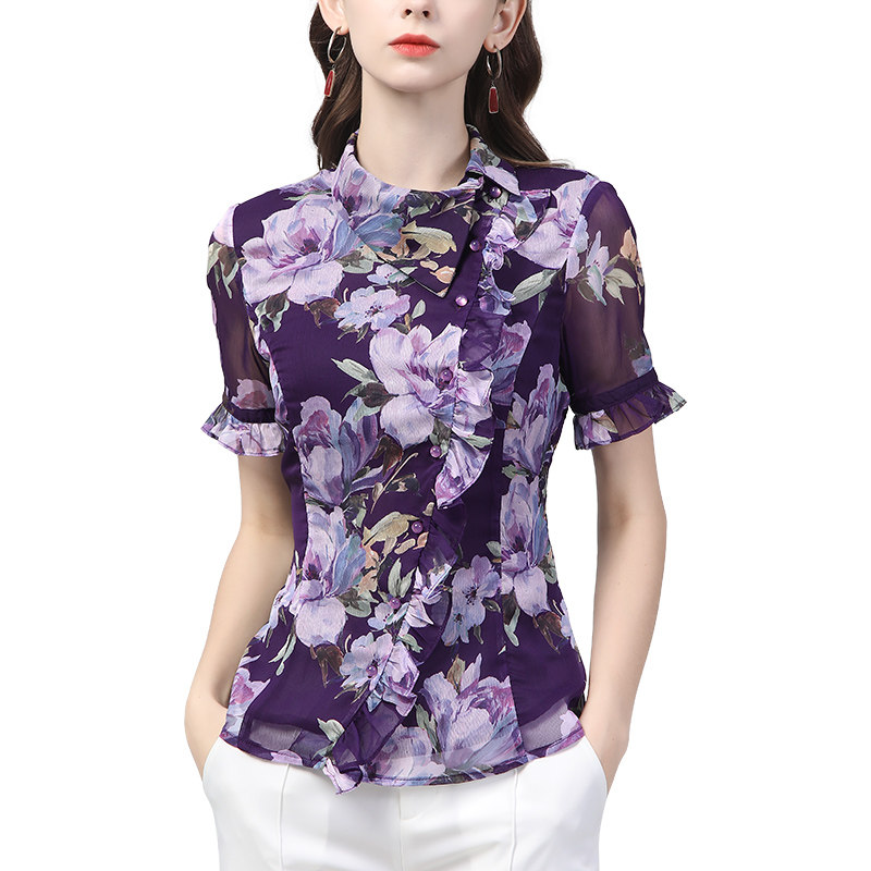 设计感夏季女短袖碎花减龄雪纺衫 伊卉蕾丝衫/雪纺衫