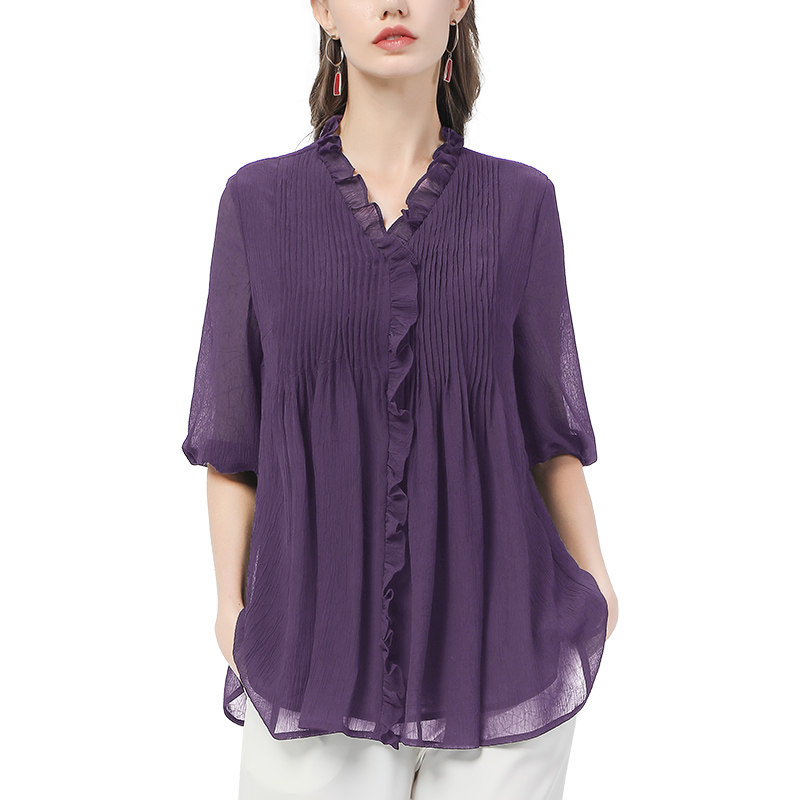 春夏2023新款短袖宽松雪纺衫衬衫 伊卉蕾丝衫/雪纺衫