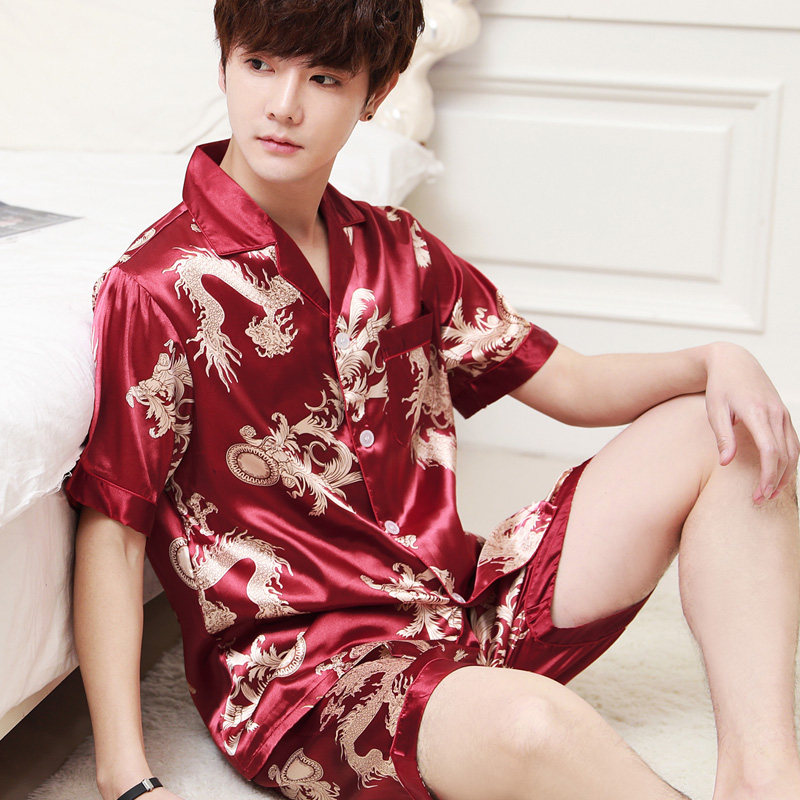 冰丝夏天丝绸男士短袖开衫睡衣 法曼莱睡衣/家居服套装