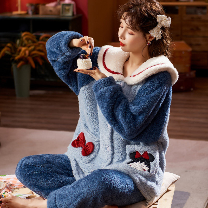 冬季外穿加绒毛绒可爱珊瑚绒睡衣 法曼莱睡衣/家居服套装