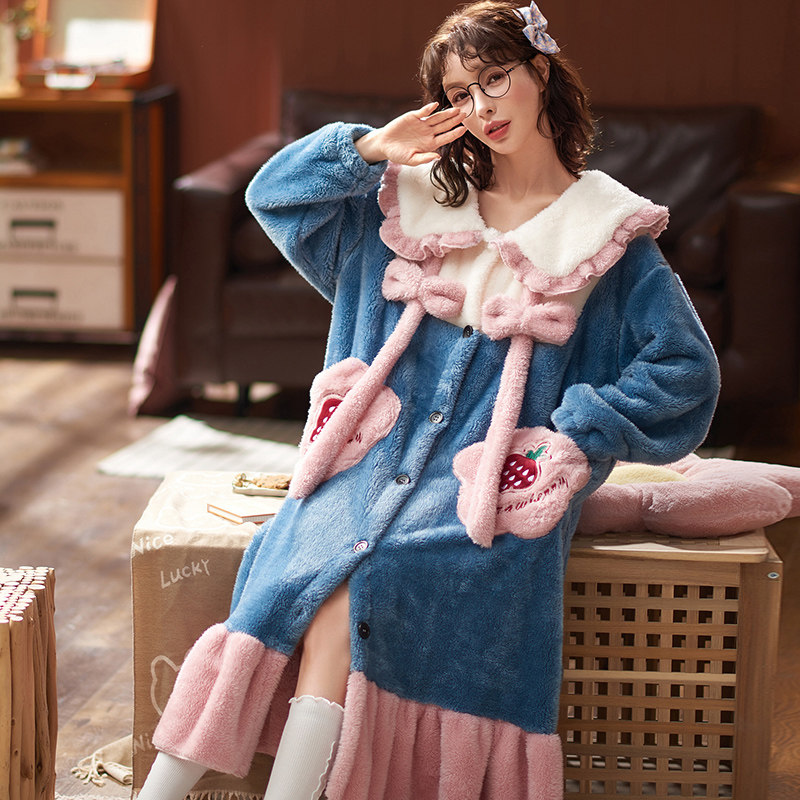 秋冬加绒法兰绒长款冬天珊瑚绒睡衣 法曼莱睡袍/浴袍