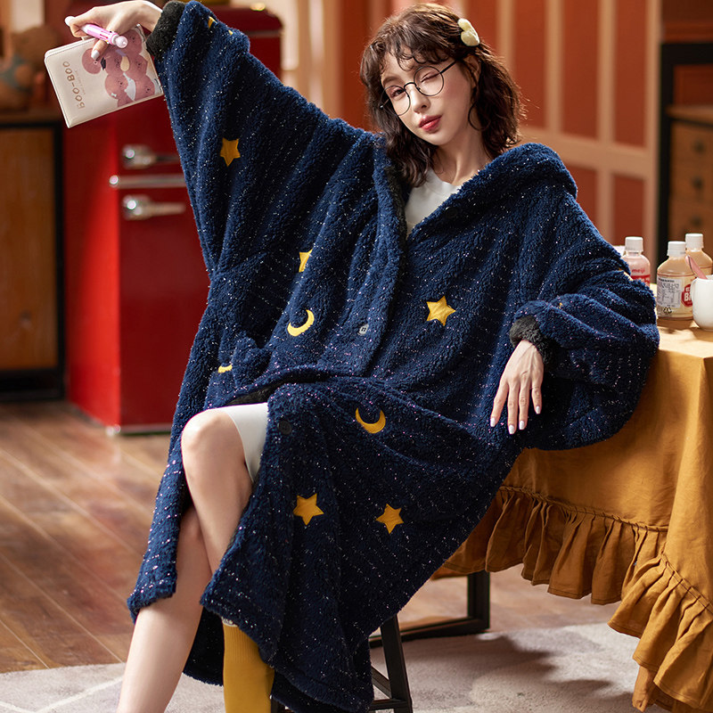 秋冬加绒法兰绒长款冬天珊瑚绒睡衣 法曼莱睡袍/浴袍