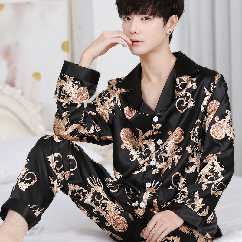 冰丝男夏季长袖套装韩版宽松睡衣 法曼莱睡衣/家居服套装