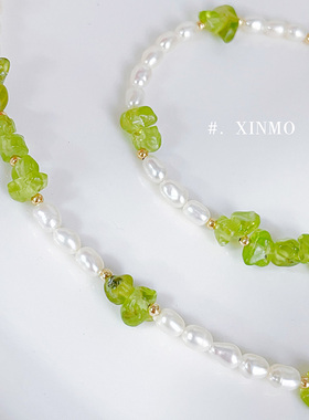 青柠之恋 橄榄石碎石天然米珠珍珠项链手链套装 美国进口14k注金