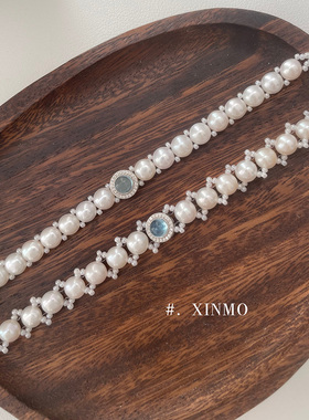 人鱼姬 海蓝泡泡 海蓝宝编织十字孔馒头珍珠手链 925 法式宫廷风