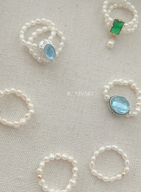 珍珠戒指 海蓝宝双层珍珠 天然淡水 米珠 小石头巴洛克碎银子