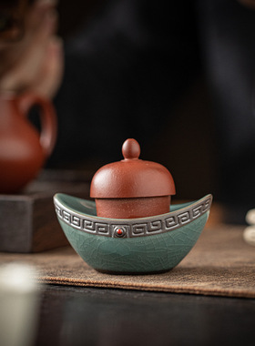 陶瓷哥窑元宝小摆件创意盖置壶盖托茶宠招财家居客厅装饰书房镇纸