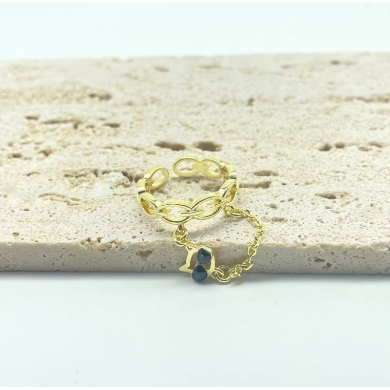 独特伍嘉成明星同款戒指女可爱猫咪吊坠潮链条指环关节戒