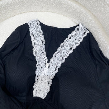 2023 New Plus Size Women's Pajamas Bra Pad Sleeve Set Fat mm Home Clothes Modal Loose Solid Color Lace V