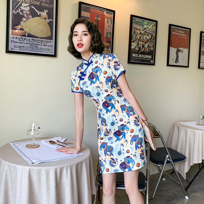 Short cheongsam, lightweight mini-skirt, summer cartoon retro summer clothing, light style Short cheongsam, lightweight mini-skirt, summer cartoon retro summer clothing, light style