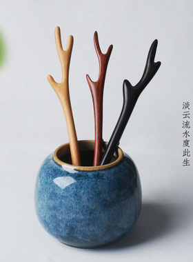 桃木鹿角发簪子古风盘发钗