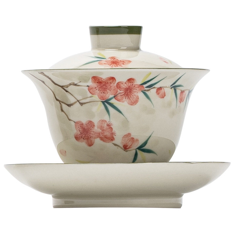 手绘桃花三才盖碗茶杯单个高档功夫茶具中式陶瓷家用泡茶器喝茶碗,淘宝优惠券,粉丝福利购,淘宝优惠卷