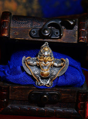 925纯银吊坠文玩配饰大鹏金翅鸟藏传男女款古珠天珠饰品项链密宗