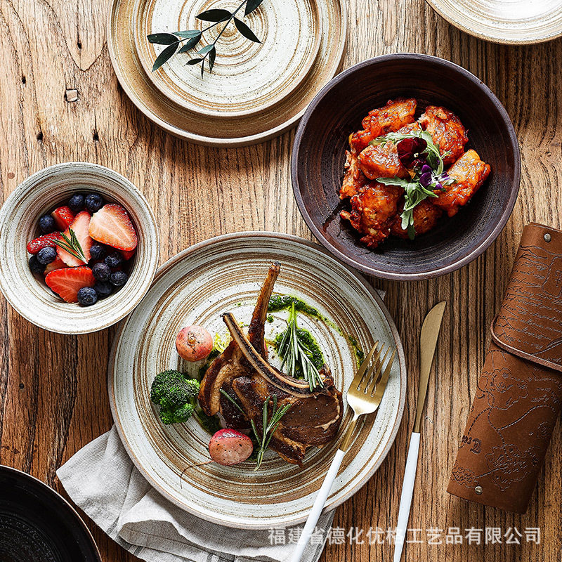 日式陶瓷碗盘碟创意复古粗陶吃饭碗菜盘手工盘家用鱼盘牛排盘子,淘宝优惠券,粉丝福利购,淘宝优惠卷