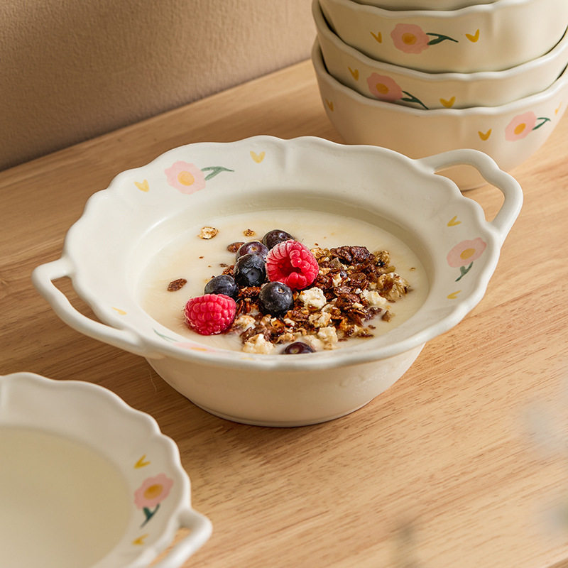 芍药花边陶瓷碗盘餐具米饭碗双耳汤碗家用早餐酸奶碗高颜值沙拉碗,淘宝优惠券,粉丝福利购,淘宝优惠卷