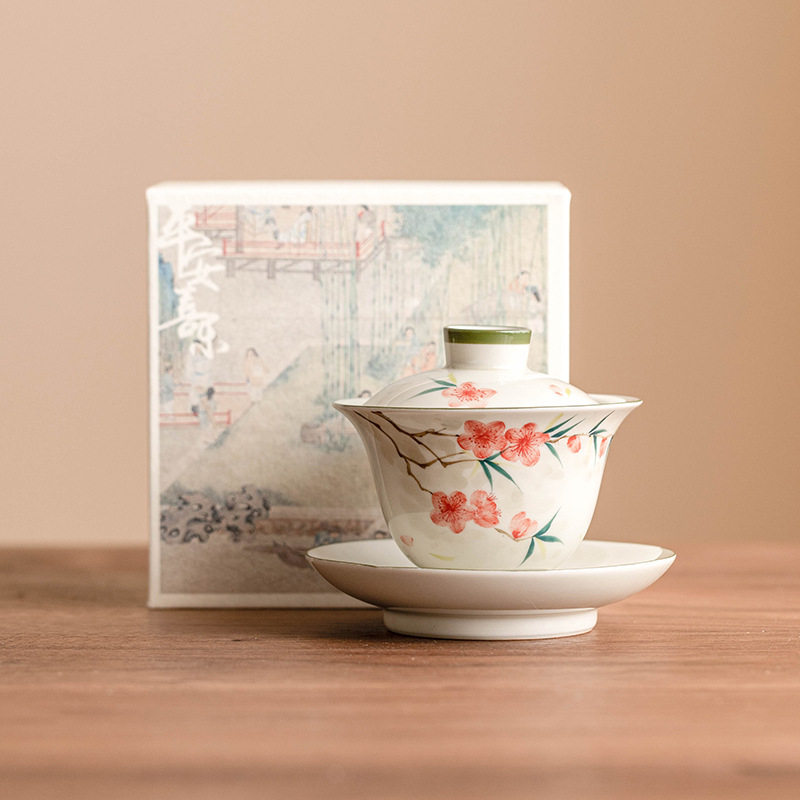 手绘桃花三才盖碗茶杯单个高档功夫茶具中式陶瓷家用泡茶器喝茶碗,淘宝优惠券,粉丝福利购,淘宝优惠卷
