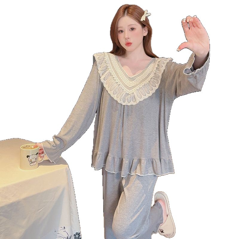 莫代尔睡衣女带胸垫春秋季甜美宫廷风长袖长裤宽松大码家居服套装 - 图3