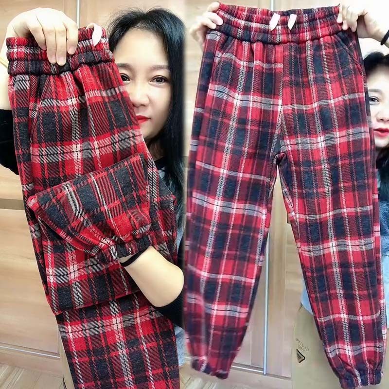 2023冬季新款加绒加厚格子休闲裤女宽松显瘦灯笼裤高腰百搭哈伦裤,淘宝优惠券,粉丝福利购,淘宝优惠卷