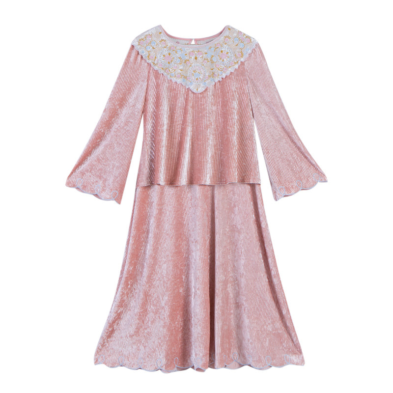 脸儿艺  仙美条纹金丝绒刺绣 宽松喇叭袖 森女连衣裙,淘宝优惠券,粉丝福利购,淘宝优惠卷