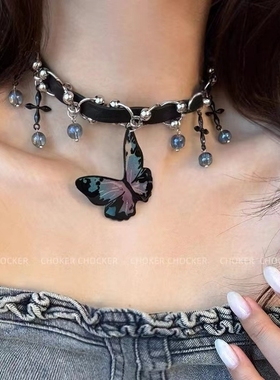 美式辣妹蝴蝶项链美拉德棕色复古choker颈环重工高级感皮革锁骨链