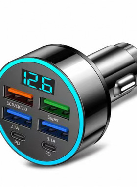 跨境120w车载充电器超级快充四口带显示pd车载充电头车充点烟器
